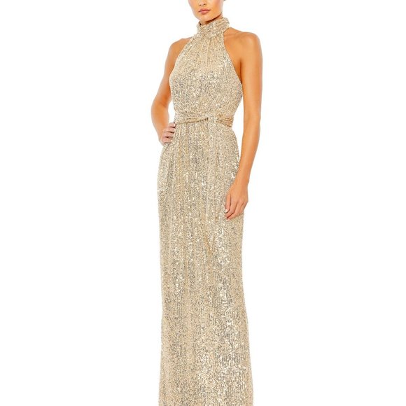 NWT MAC DUGGAL SZ 2 11281 SEQUIN HALTER NECK SOFT TIE DRESS CHAMPAGNE GOLD - Picture 1 of 9